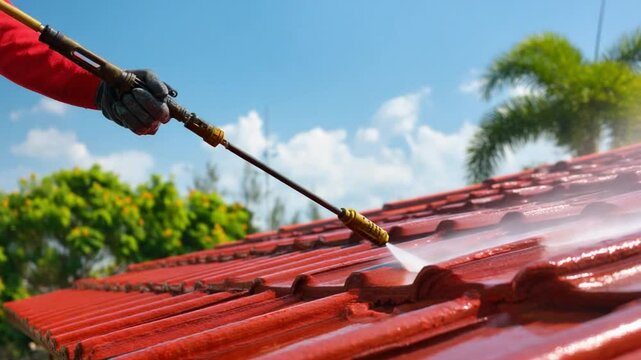 Pressure Washing: A detailed close-up reveals the precision of pressure washing on a vibrant red tiled roof under a bright blue sky.