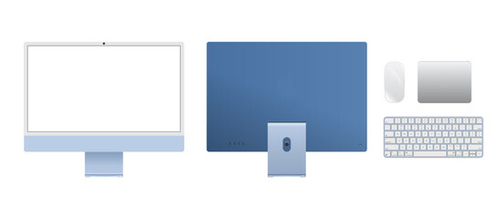 Vector illustration of computer devices including desktop PC, keyboard, and mouse. Ideal for tech presentations, IT services, digital workspace designs, and electronic device infographics.