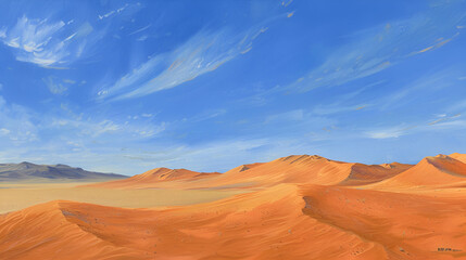 Fototapeta premium A desert landscape with sand dunes under a blue sky with light clouds on a bright sunny day scene view .