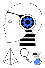 Human head with gear, magnifying glass, triangle, and robot holding coin. Ideal for AI, innovation, technology, research, automation problem-solving and analysis in flat simple metaphor