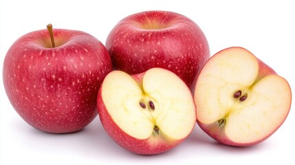 Three whole red apples and two apple halves on white