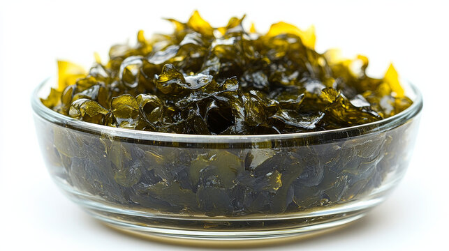 Close-up of kelp (Laminaria) in a clear glass bowl, isolated cleanly on white