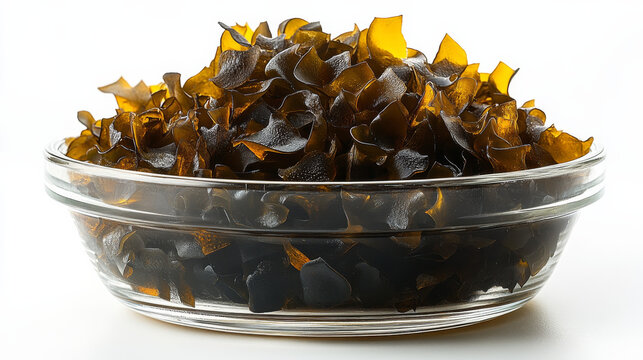 Close-up of kelp (Laminaria) in a clear glass bowl, isolated cleanly on white