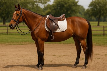 Obraz premium a chestnut horse standing in a sunlit paddock wearing a brown English saddle and white quilted saddle pad, along with a dark leather bridle.
