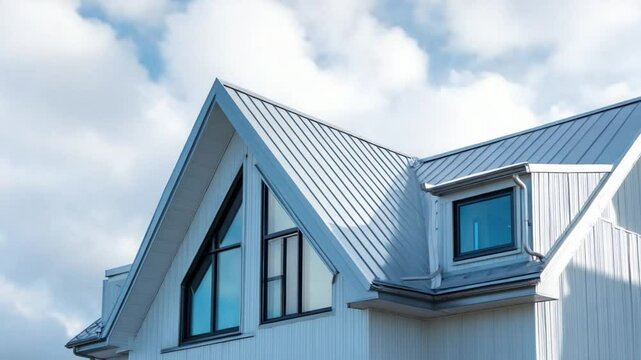 Modern Home under Sky: Captivating perspective of a contemporary home's exterior, emphasizing the architectural details of the roof against the bright blue sky. 