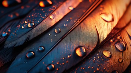 Close up image shows wet feathers reflecting light delicately