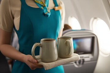 Close-up of flight attendant holding tray with two cups of coffee. Domestic airlines focus on service. Concept of hospitality in domestic airlines and carriers experience.