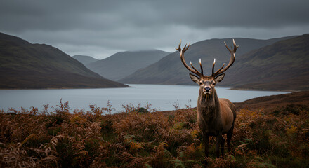 Majestic Red Deer Stag in Scottish Highlands Landscape Loch and Mountains