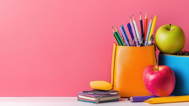 Bright and bold back-to-school theme with items arranged in creative shapes