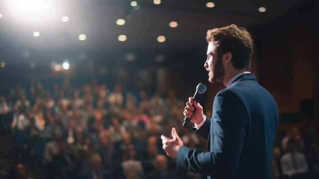 Confident Orator: A distinguished speaker captivates an audience, commanding the stage with assured presence, his words echoing through the expansive auditorium, inspiring through his presentation.