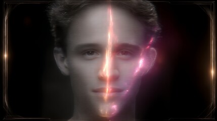 Energetic Portrait of a Man Framed with Light Streaks, Digital Scan Effect with Vibrant Color.