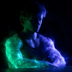 Energetic Young Man with Vibrant Blue and Green Light Displaying Inner Strength and Determination.