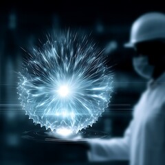 Energy Sphere Held by Technician Wearing Protective Mask in Advanced Futuristic Laboratory