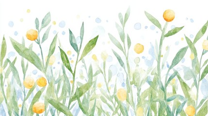 Watercolor meadow Long slender green leaves and round orange blossoms amidst scattered blue and yellow droplets