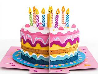 A pop-up birthday card featuring a vibrant 3D cake with candles