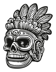 Intricate Engraved Skull with Feather Headpiece in Black and White