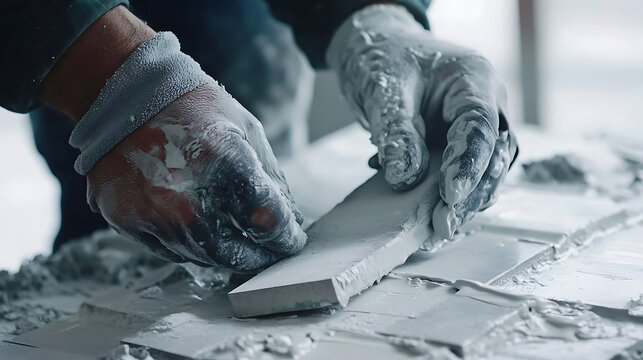 Construction worker applying adhesive to tiles. Featuring attention to detail and precision