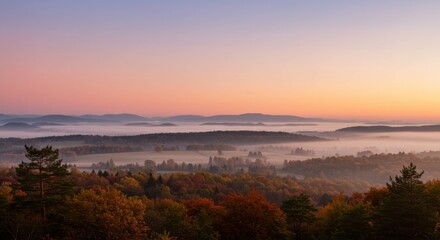 Fototapeta premium Autumn Landscape with Sunrise, Fog and Colorful Trees