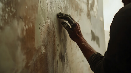 Construction worker applying paint on a wall at a building site. Featuring precision and detail