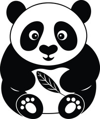 Adorable Cartoon Panda Holding Bamboo Silhouette in Black and White Design