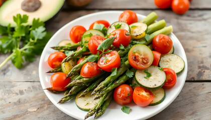 Fresh Vegetable Salad with Cherry Tomatoes and Asparagus on a Wooden Table