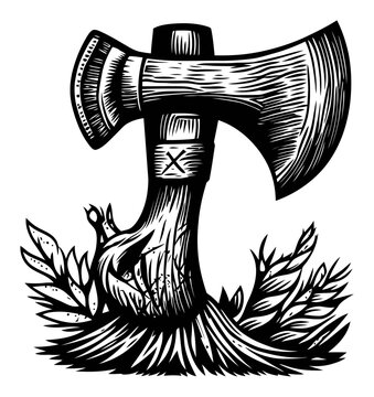 black and white axe in grass clip art preview