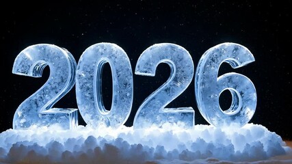 Video of ice-sculpted 2026 numerals glowing with a frosty blue hue on a cold icy surface against a dark background, symbolizing winter and the new year - Powered by Adobe