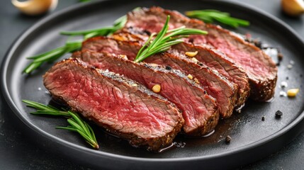 Hokkaido wagyu beef steak, seared and sliced, topped with garlic slices, rosemary, thick brown sauce, and fine truffle flakes