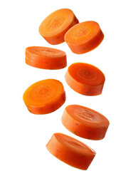 Fresh carrot slices falling on transparent background