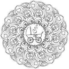 Fantasy mandala with baby carriage and other objects, meditative coloring page for baby shower party or other activity