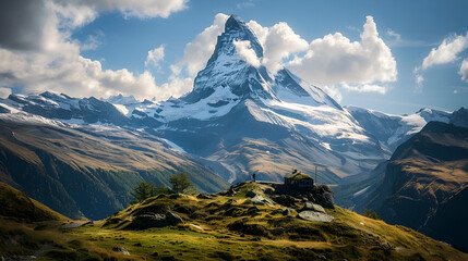 A scenic view of the matterhorn mountain peak with a small building and people on a hill ridge .