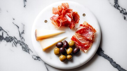 Spanish tapas platter including manchego cheese olives jamn ibrico placed on white marble plate overhead view with simple black and white textured base