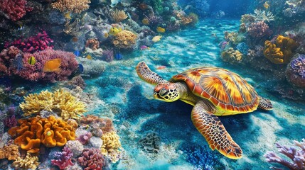 Colorful sea turtle amidst vibrant coral reef.