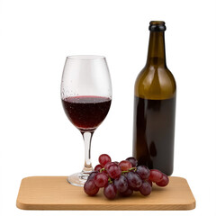 Obraz premium Glass of Red Wine with Bottle and Grapes on Wooden Board, White Background