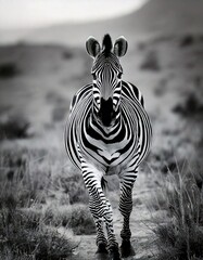 Fototapeta premium Fotografía en blanco y negro de un León enojado corriendo hacia la cámara, toma de cuerpo entero, realista, hiperrealista al estilo de un artista fotorrealista.