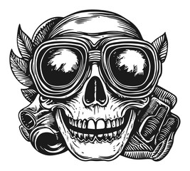 Vintage Skull Illustration with Goggles and Ornate Elements