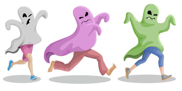 A hooded man acting as a ghost on Halloween. Editable white background vector illustration.