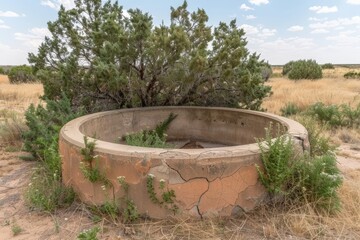 Fototapeta premium Abandoned water well surrounded by shrubs desert landscape photography nature wide angle forgotten history