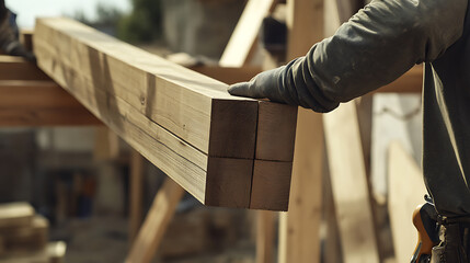 Construction worker carrying wooden beams at a site. Featuring effort and teamwork