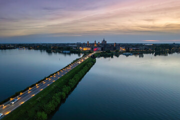 Aerial skyline of Mantua and the medieval building of Saint George Blue hour