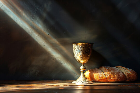 Calice dor&eacute; et pain sur une table en bois avec rayon de lumi&egrave;re, symboles de la C&egrave;ne dans la tradition chr&eacute;tienne, communion eucharistique et spiritualit&eacute; biblique