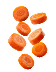 Fresh carrot slices falling on transparent background