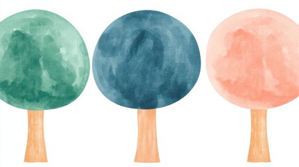 Watercolor trees A trio of rounded forms with textural bark soft green blue  peach foliage stand on a white background
