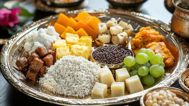 A puja offering plate featuring cholar dal, fruits, and sweets in an ornate temple setting.