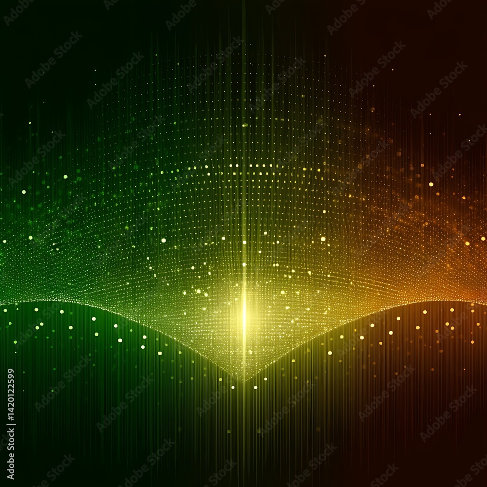 Poster ethereal digital data stream interwoven array of light particles with green and golden gradient.