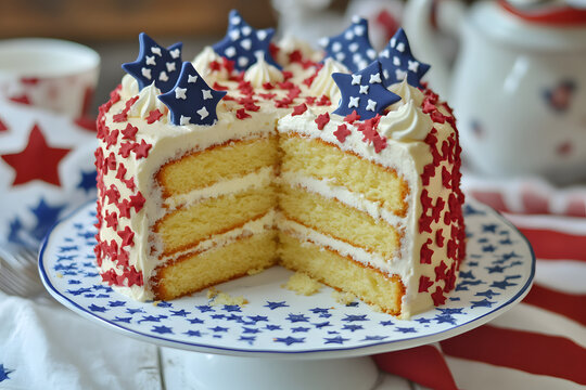 Fourth of July cake with red and blue stars mimicking the American flag. Homemade vanilla cake with stars. Holiday party summer dessert.