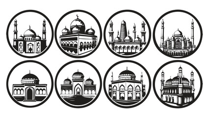 Round Mosque Icons with Varying Architectural Styles