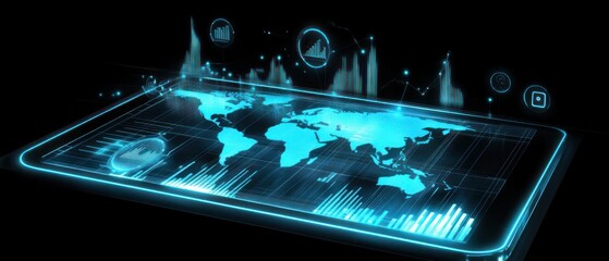 Futuristic digital map display with data visualization elements