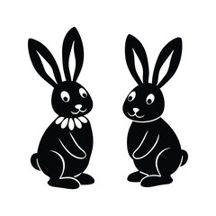Black side silhouette of a rabbit with reflection isolated on transparent background. Vector illustration