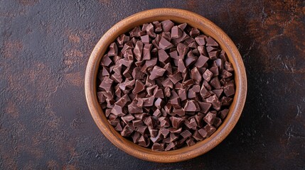 Fototapeta premium In a wooden bowl on a dark surface, a large quantity of dark chocolate chunks are piled high with more chocolate nearby